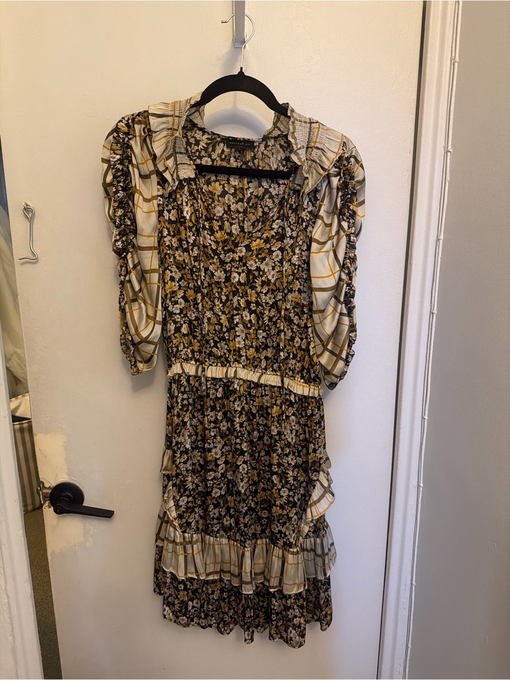 Current Air Black and Cream Floral Midi Dress with Yellow Accents
